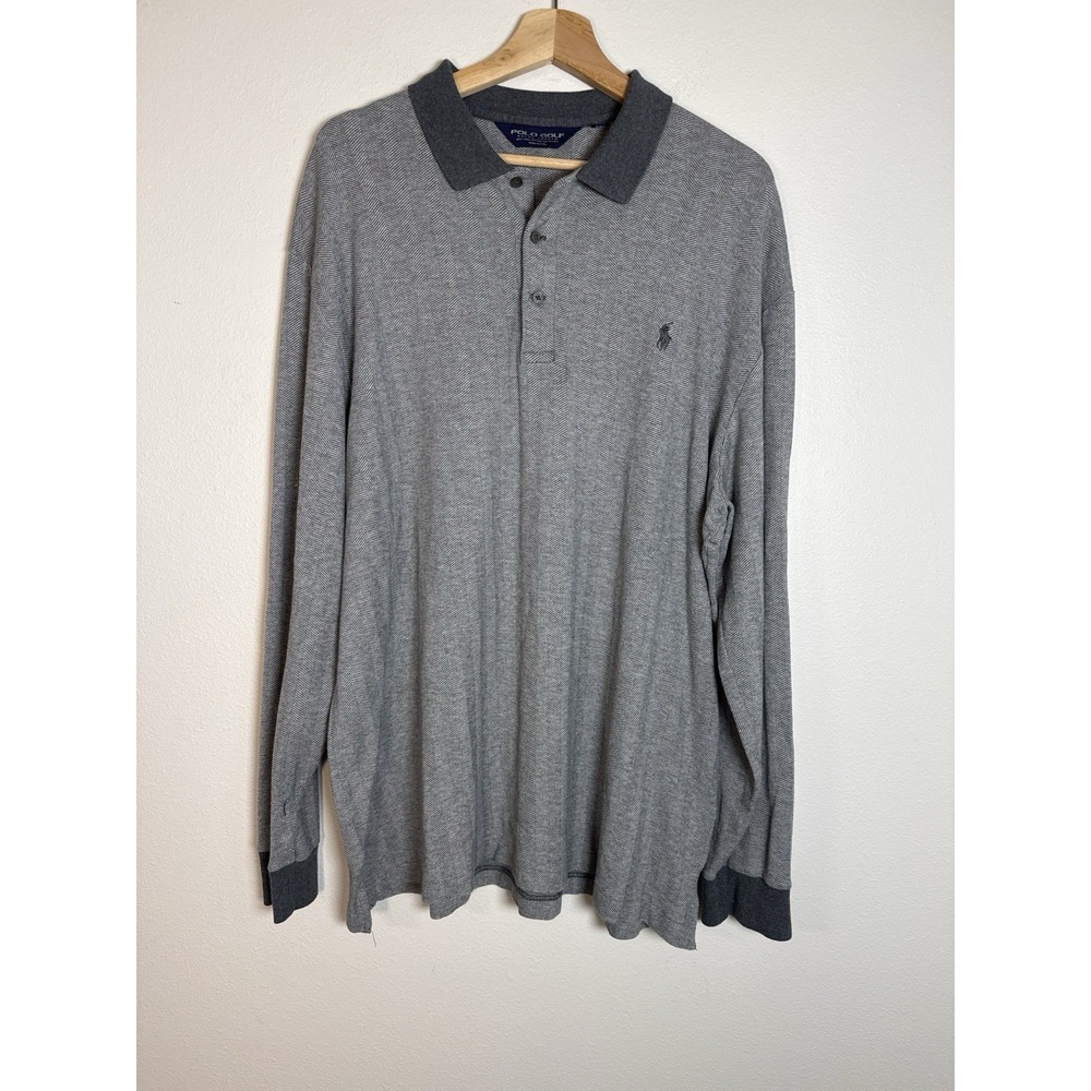 Polo Golf Ralph Lauren Long Sleeve Polo Shirt XL Gray Herringbone Cotton‎ Alpaca